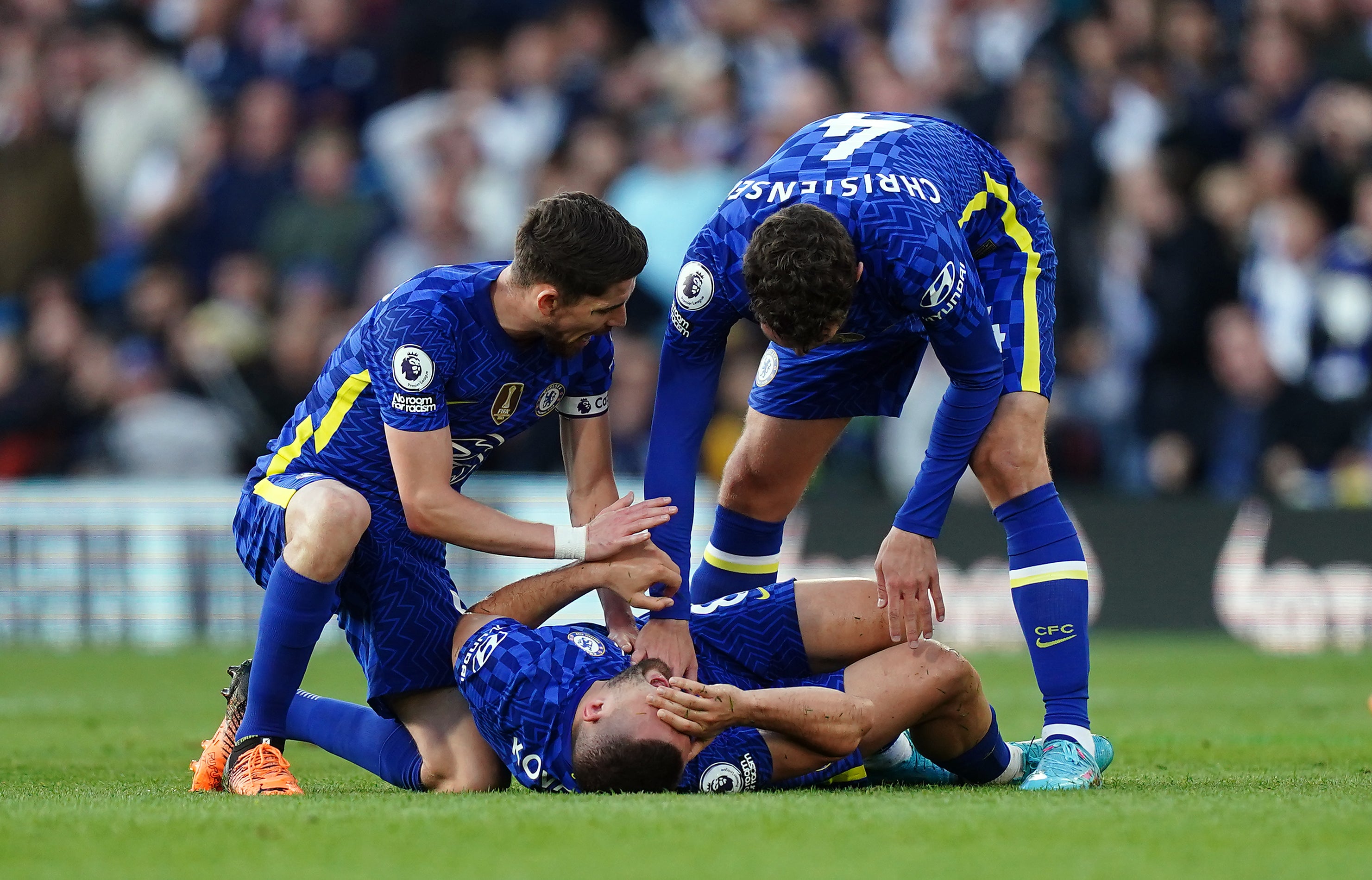 Mateo Kovacic, centre, reacts after being injured by Dan James’ tackle in Wednesday’s Premier League clash with Leeds
