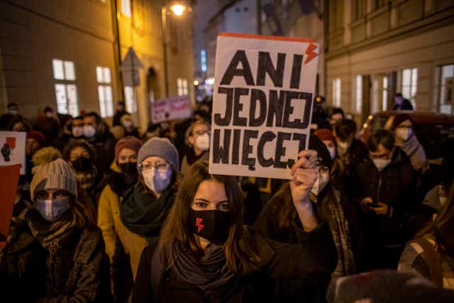 <p>People in Prague take part in a solidarity gathering for reproductive, women’s and human rights in Poland</p>