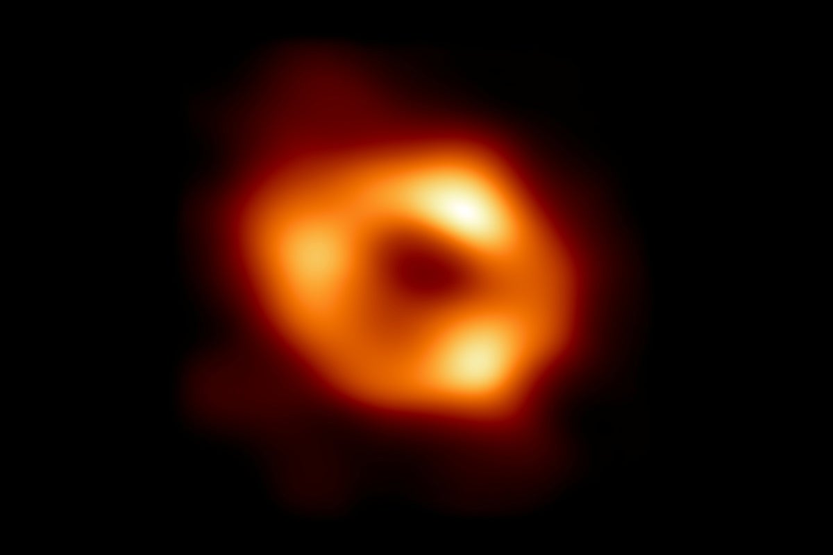 This is the first image of Sagittarius A* (Sgr A* for short), the supermassive black hole at the center of our galaxy. What the Event Horizon Telescope captured