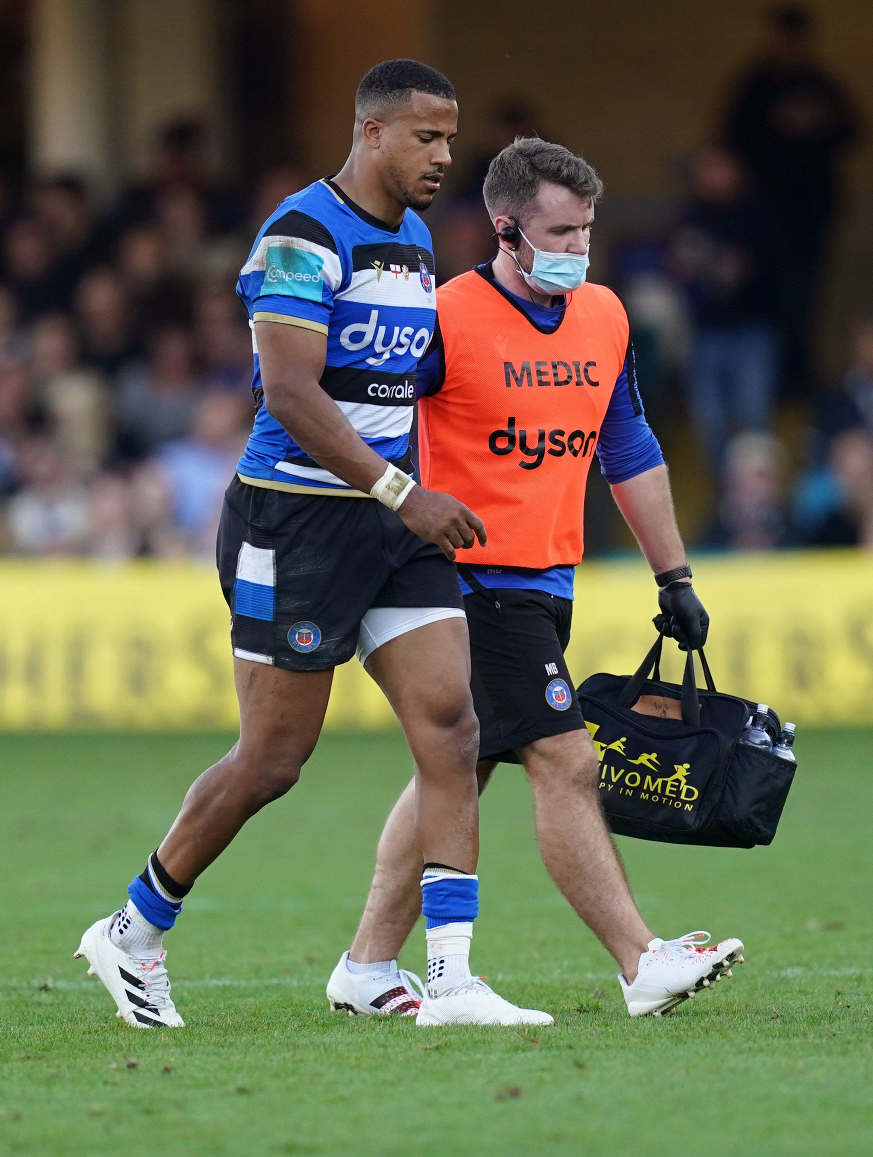 Anthony Watson leaves the pitch injured during Bath’s game against Saracens this season (David Davies/PA)