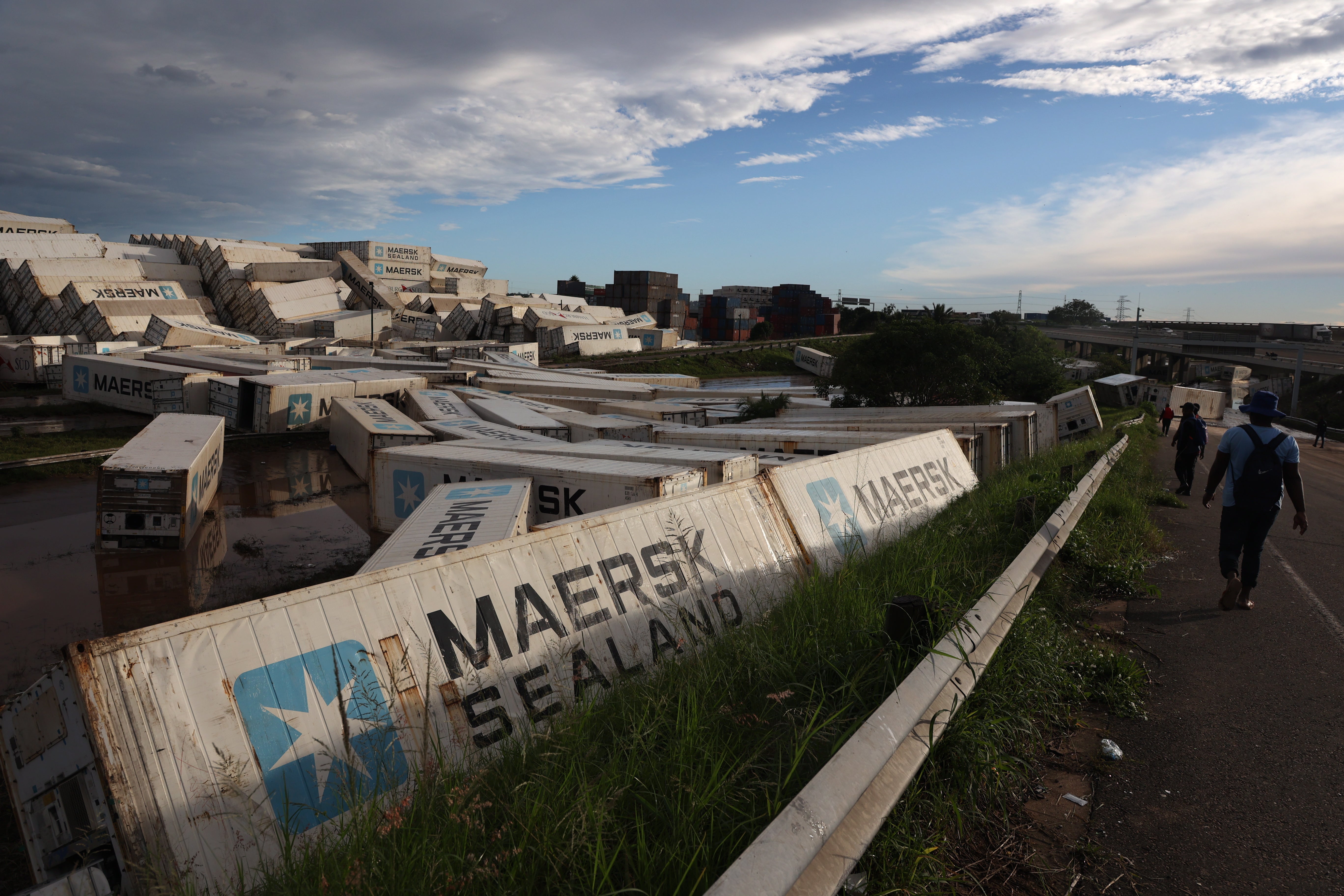 Hundreds of shipping containers washed away by recent flood waters near the Port of Durban in South Africa, 13 April 2022