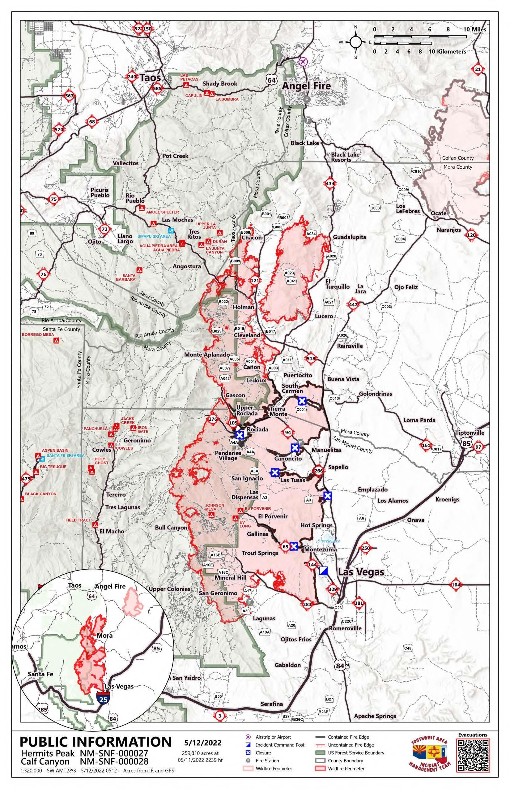 A map of the Calf Canyon/Hermits Peak fire in New Mexico as of May 12, 2022