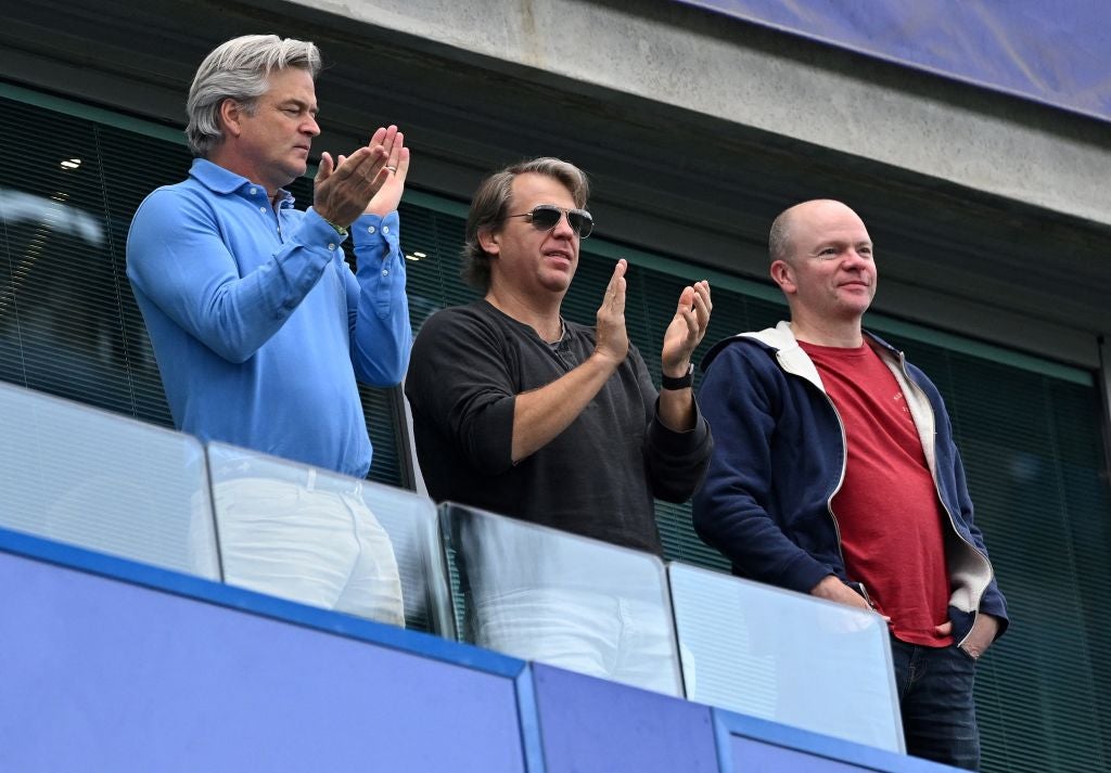 Chelsea’s new owner Todd Boehly (centre) celebrates his team’s first goal against Wolves