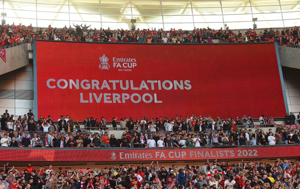 Liverpool Fans celebrate at the end of the FA Cup semi-final against Manchester City