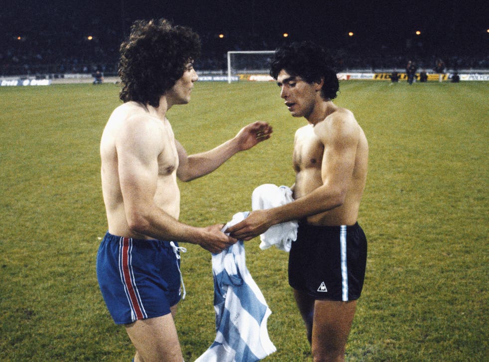 <p>England captain Kevin Keegan exchanges shirts with a teenage Diego Maradona after a friendly match at Wembley Stadium between England and Argentina on 13 May 1980</p>