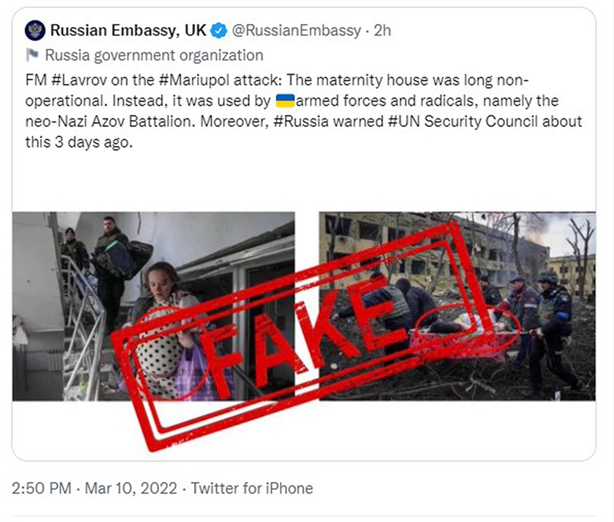 A tweet from the Russian Embassy in London which were later deleted by Twitter for violating its rules