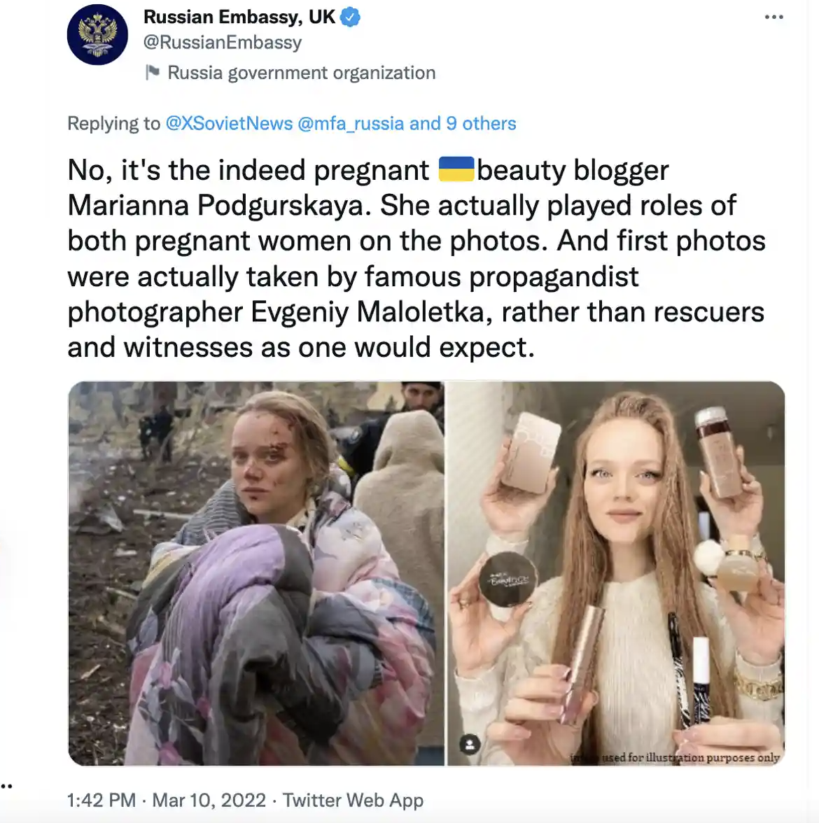 Another tweet from the Russian Embassy in London spreading disinformation, which was later deleted by Twitter