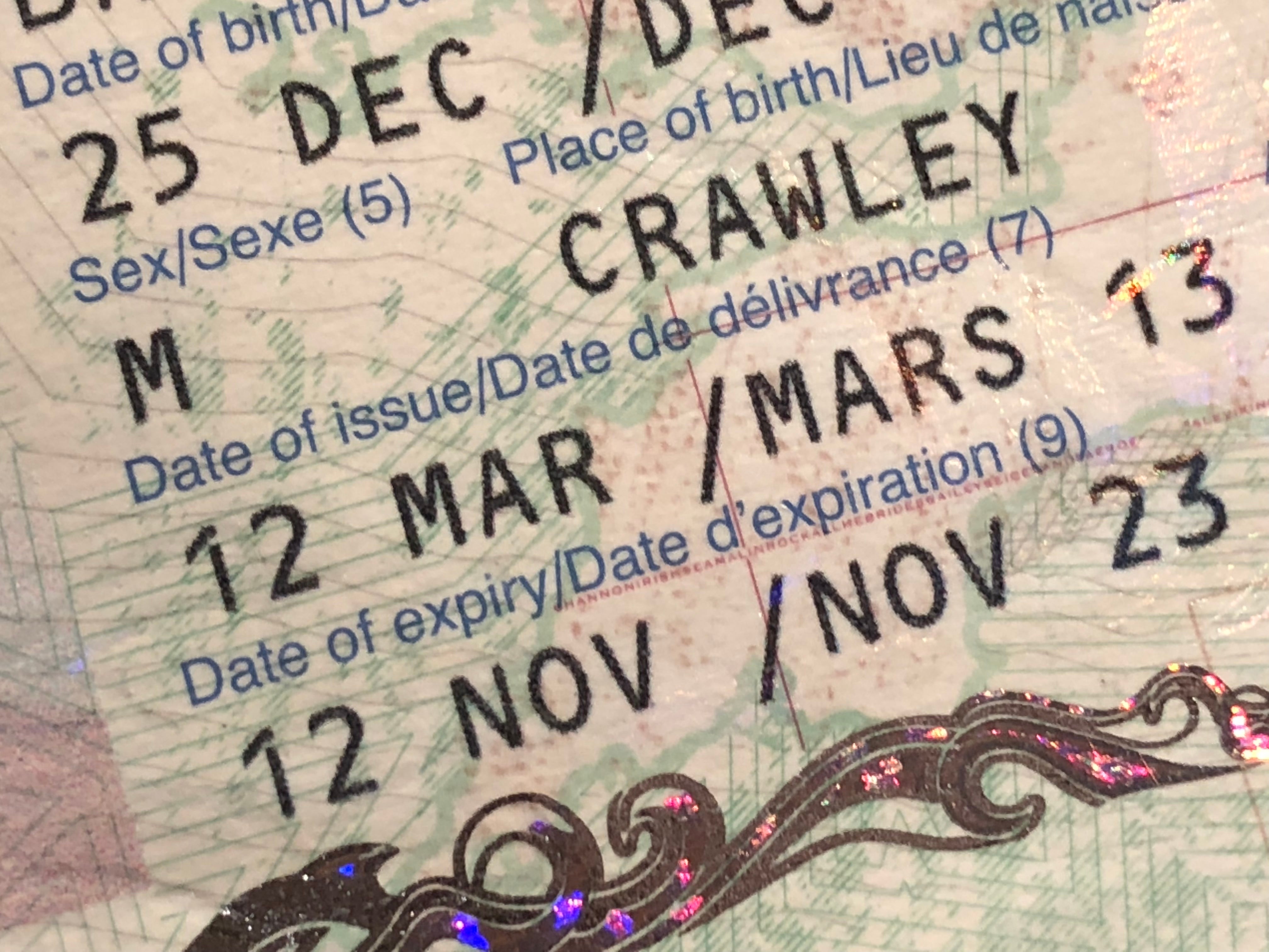 Date lines: a British passport issued for 10 years and eight months