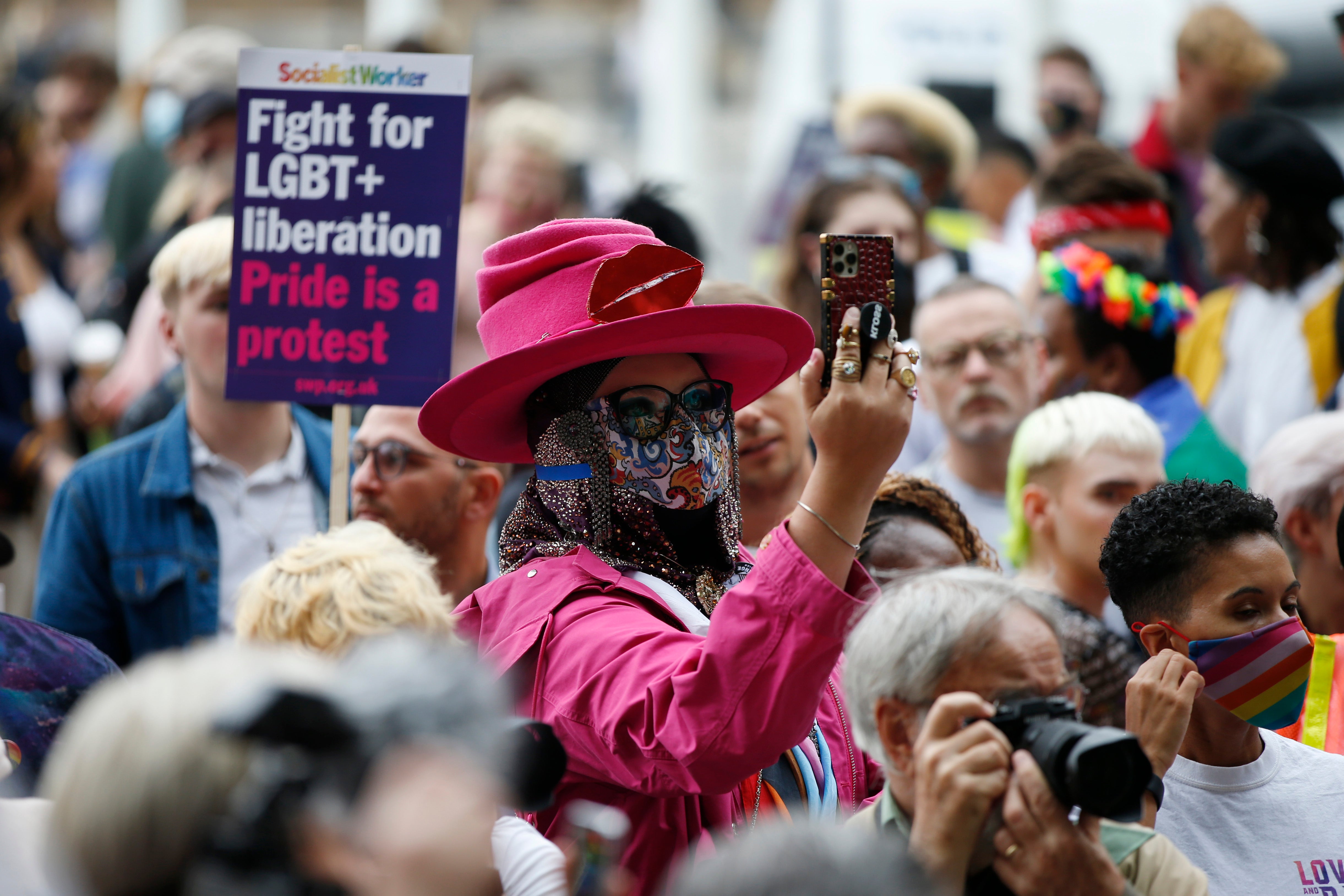 Demonstrators take part in a Reclaim Pride March in London in July 2021