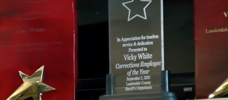Vicky White’s Employee of the Year awards are proudly displayed at her mother’s home