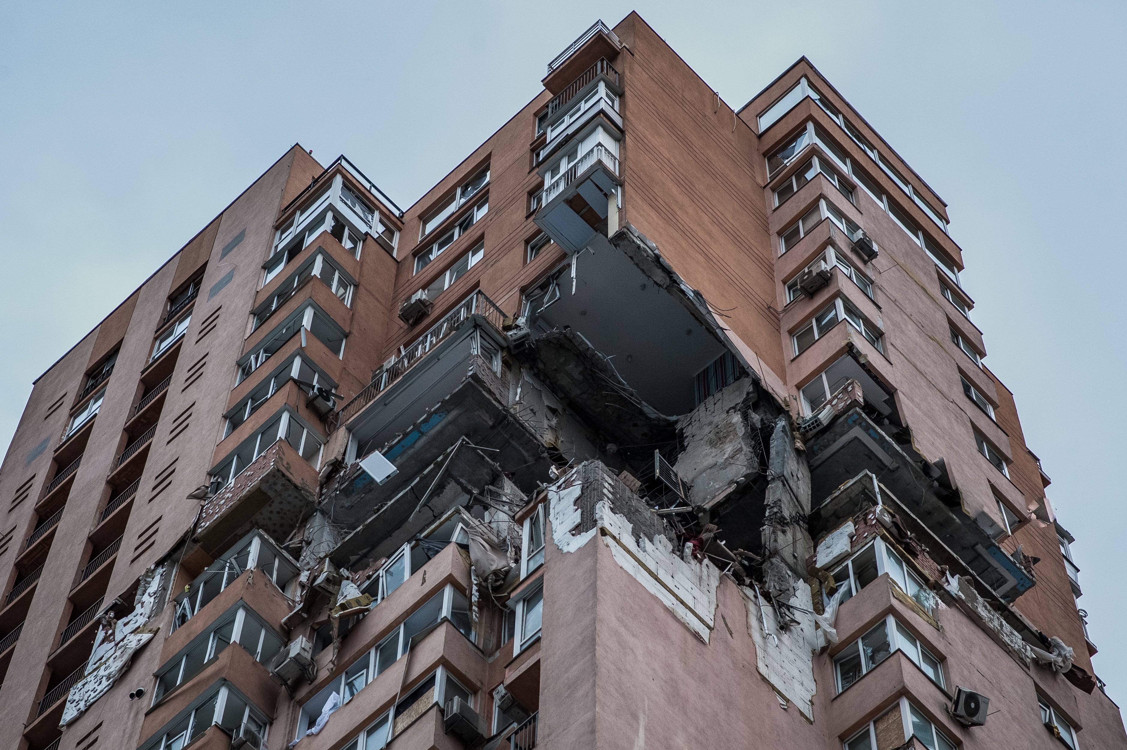 One of the first residential buildings in Kyiv, which suffered from the bombing in February