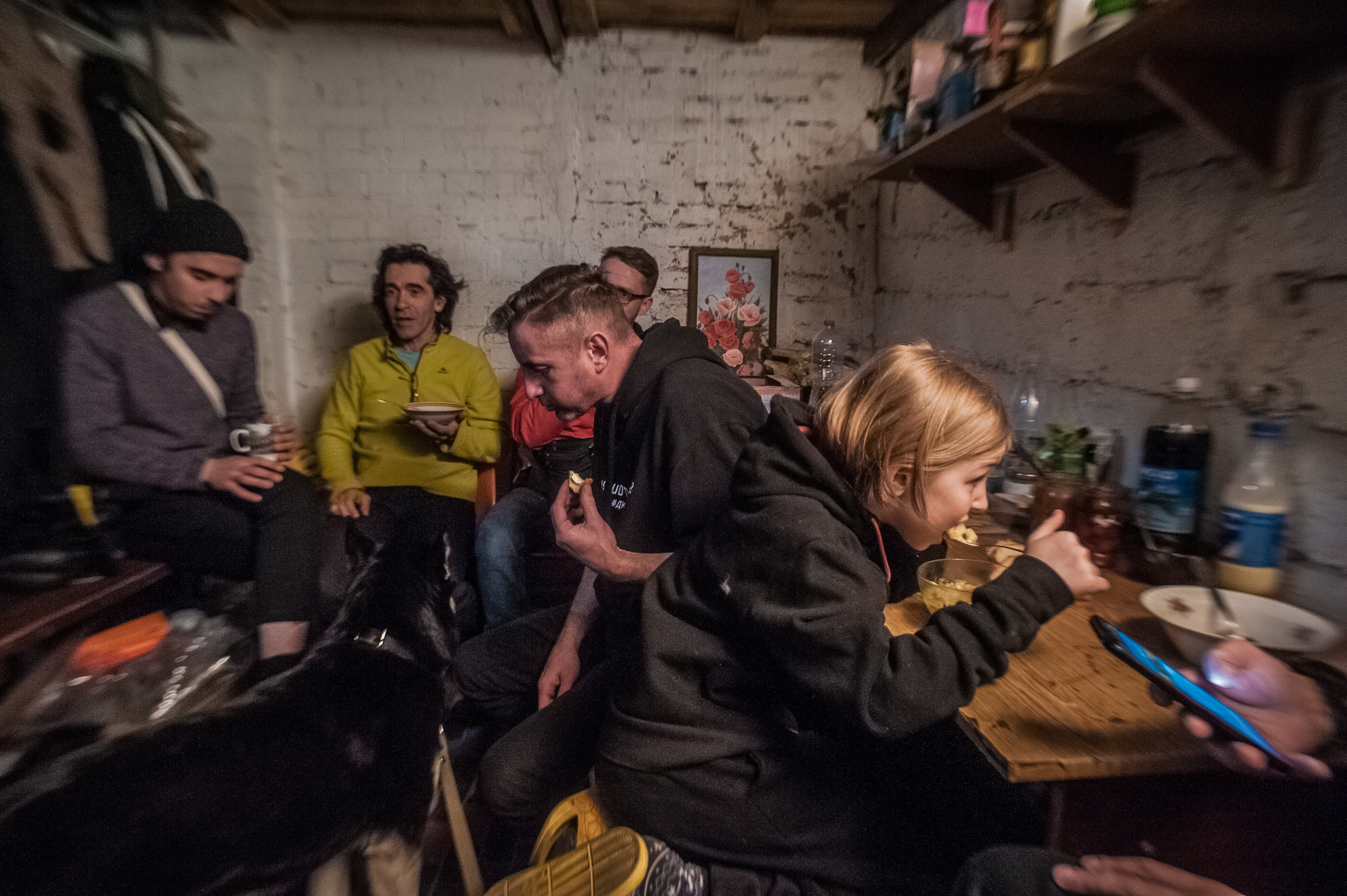 Ukrainian poet Serhiy Zhadan, actors of the Kharkiv theatre, and members of their families, have shelter in the basement of a theatre