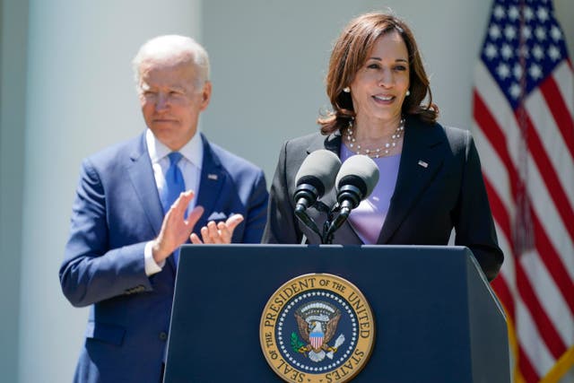 <p>President Joe Biden applauds as Vice President Kamala Harris speaks at an event on lowering the cost of high-speed internet in the Rose Garden of the White House, Monday, May 9, 2022, in Washington</p>