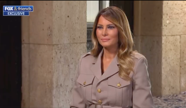 <p>Melania Trump being interviewed by Pete Hegseth for Fox and Friends</p>