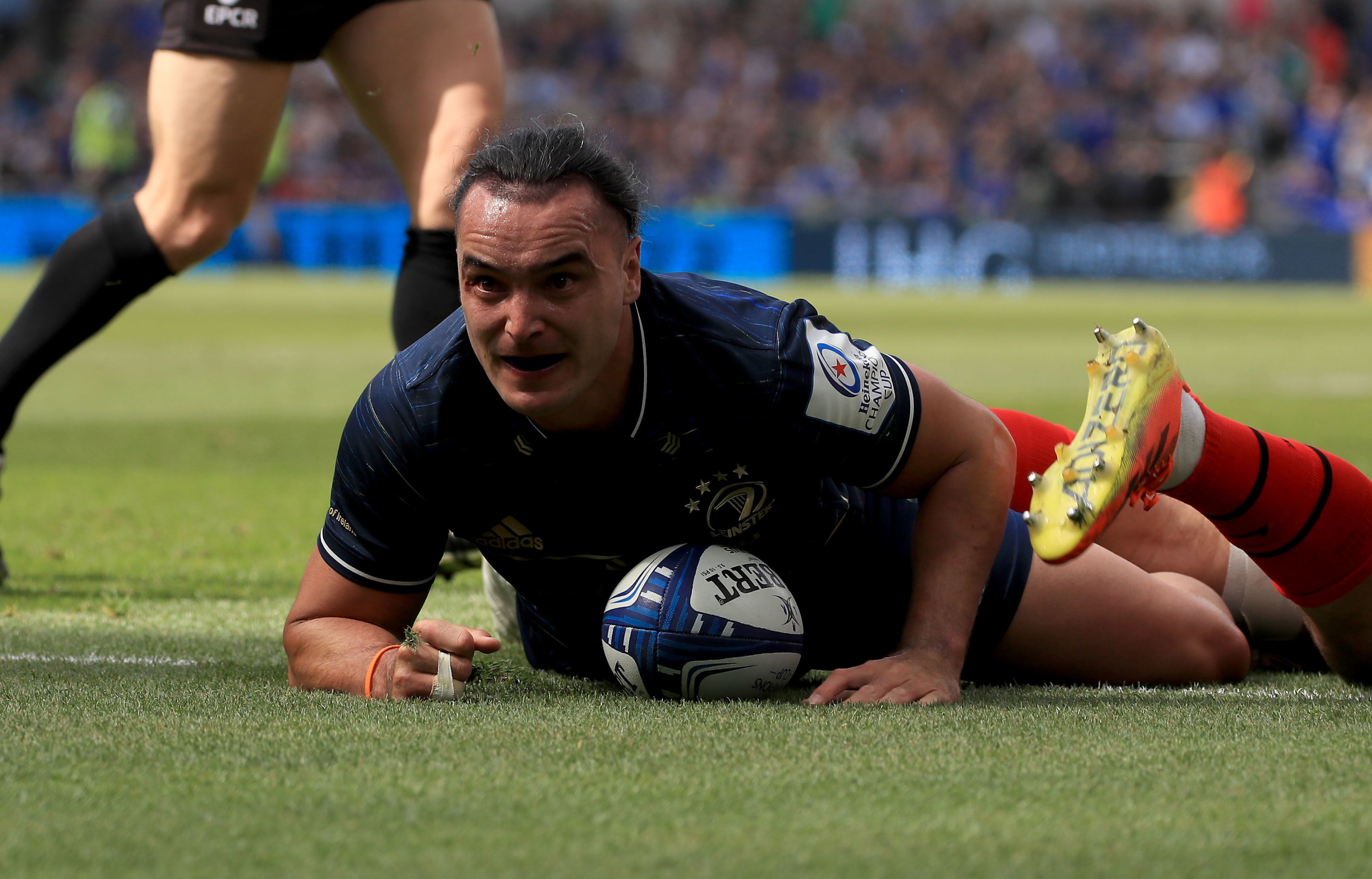 James Lowe of Leinster scores the first try against Toulouse at the Aviva Stadium, Dublin