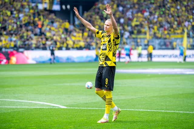 Erling Haaland signed off with a goal in his final Bundesliga appearance for Borussia Dortmund (David Inderlied/dpa via AP)