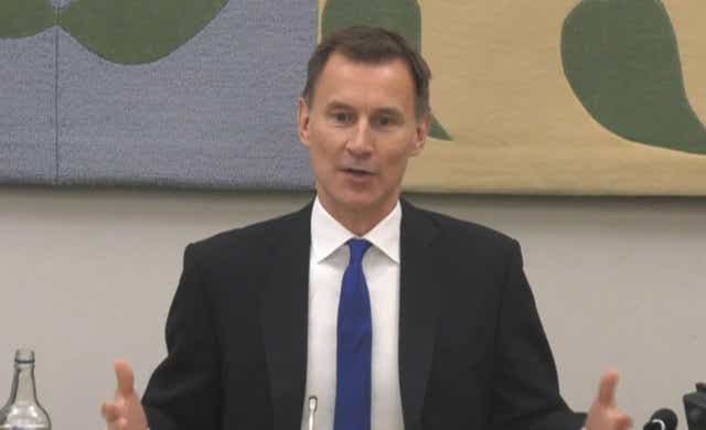 <p>Jeremy Hunt, has said he sat at the top of a “rogue system” when he health secretary (Parliament TV/PA)</p>