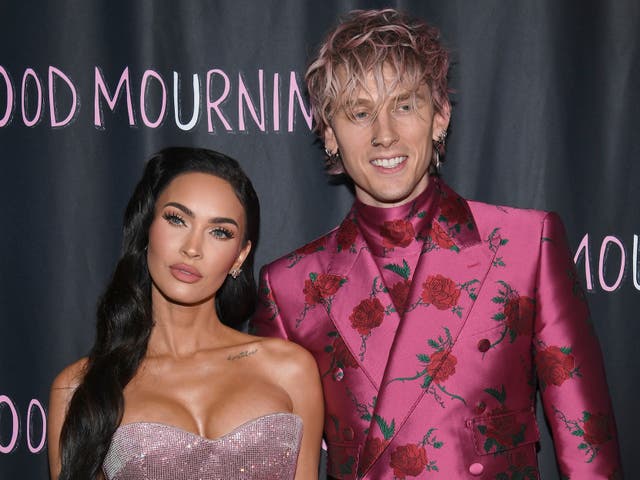 <p>Megan Fox and Machine Gun Kelly attend the World Premiere of "Good Mourning" at The London West Hollywood at Beverly Hills on May 12, 2022</p>