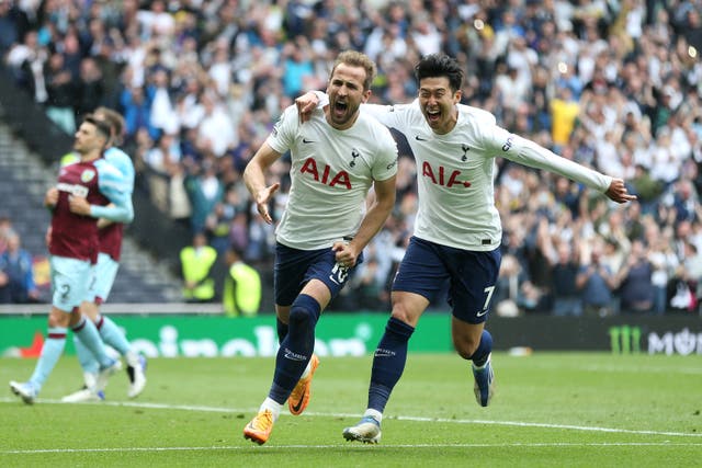 <p>Harry Kane celebrates his clinical penalty with Son Heung-min</p>
