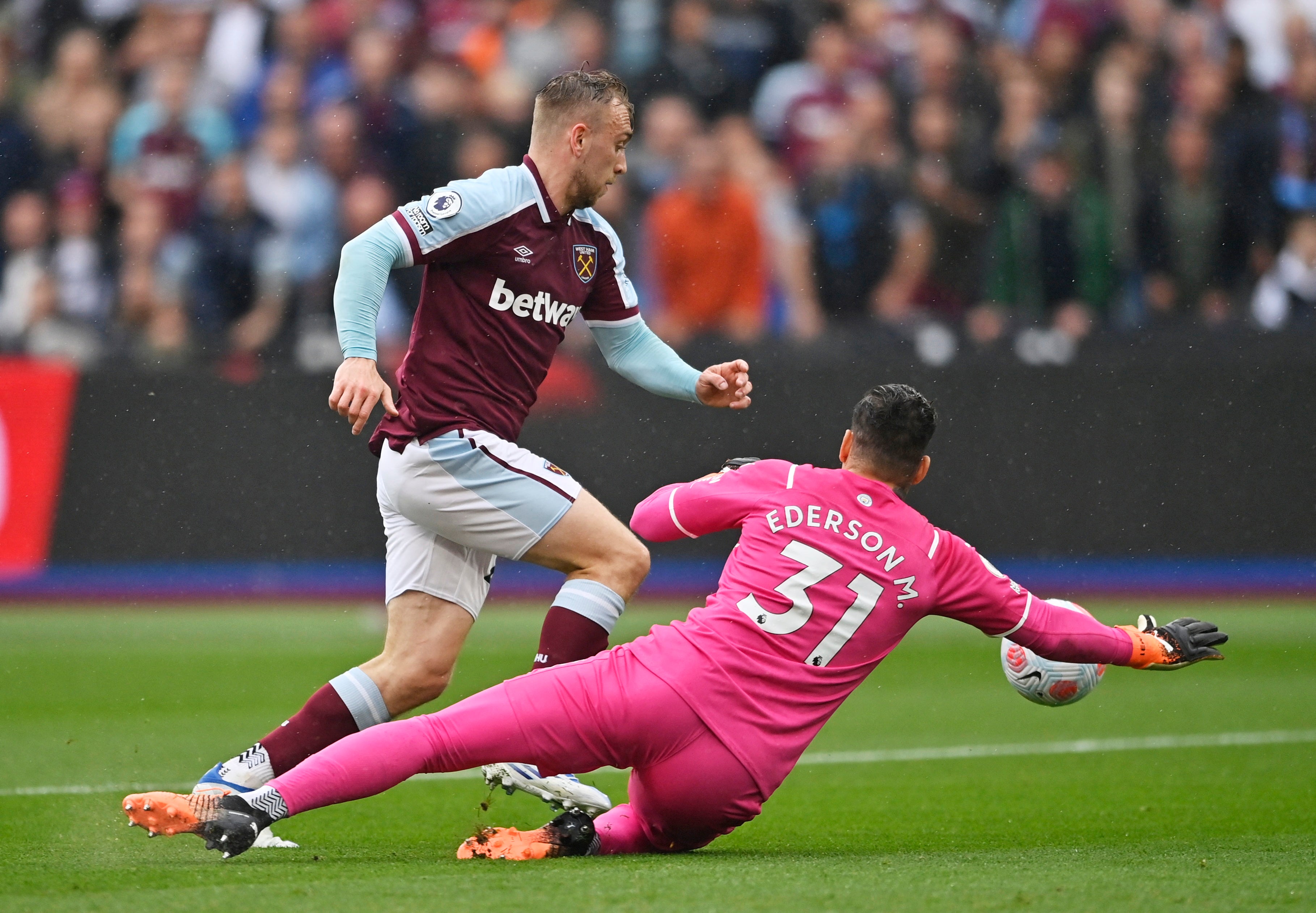 Bowen rounds Man City goalkeeper Ederson to give West Ham the lead at the London Stadium