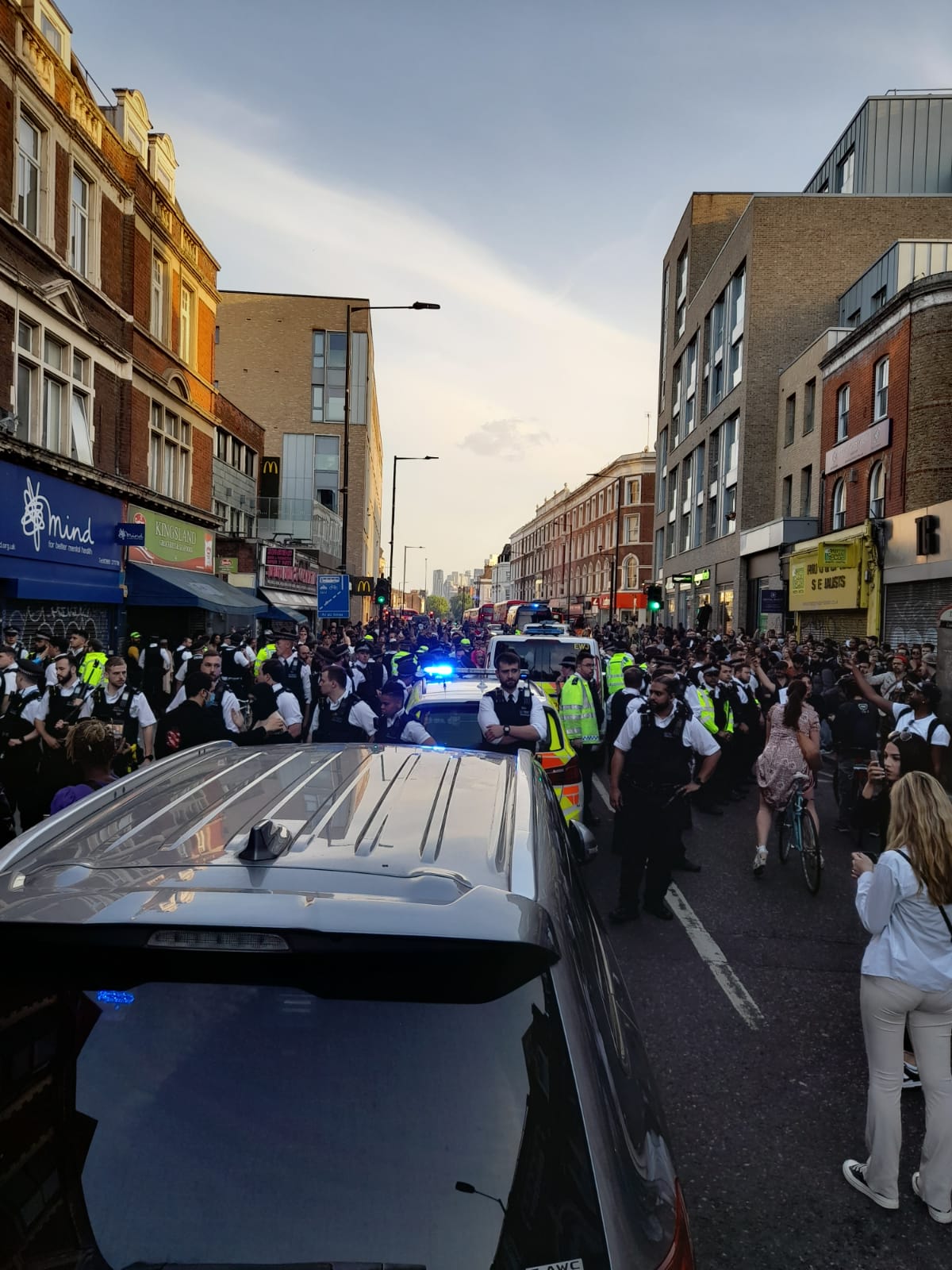Officers clashed with scores of protesters in east London