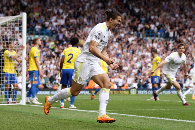 <p>Pascal Struijk scores a dramatic late goal for Leeds at Elland Road </p>