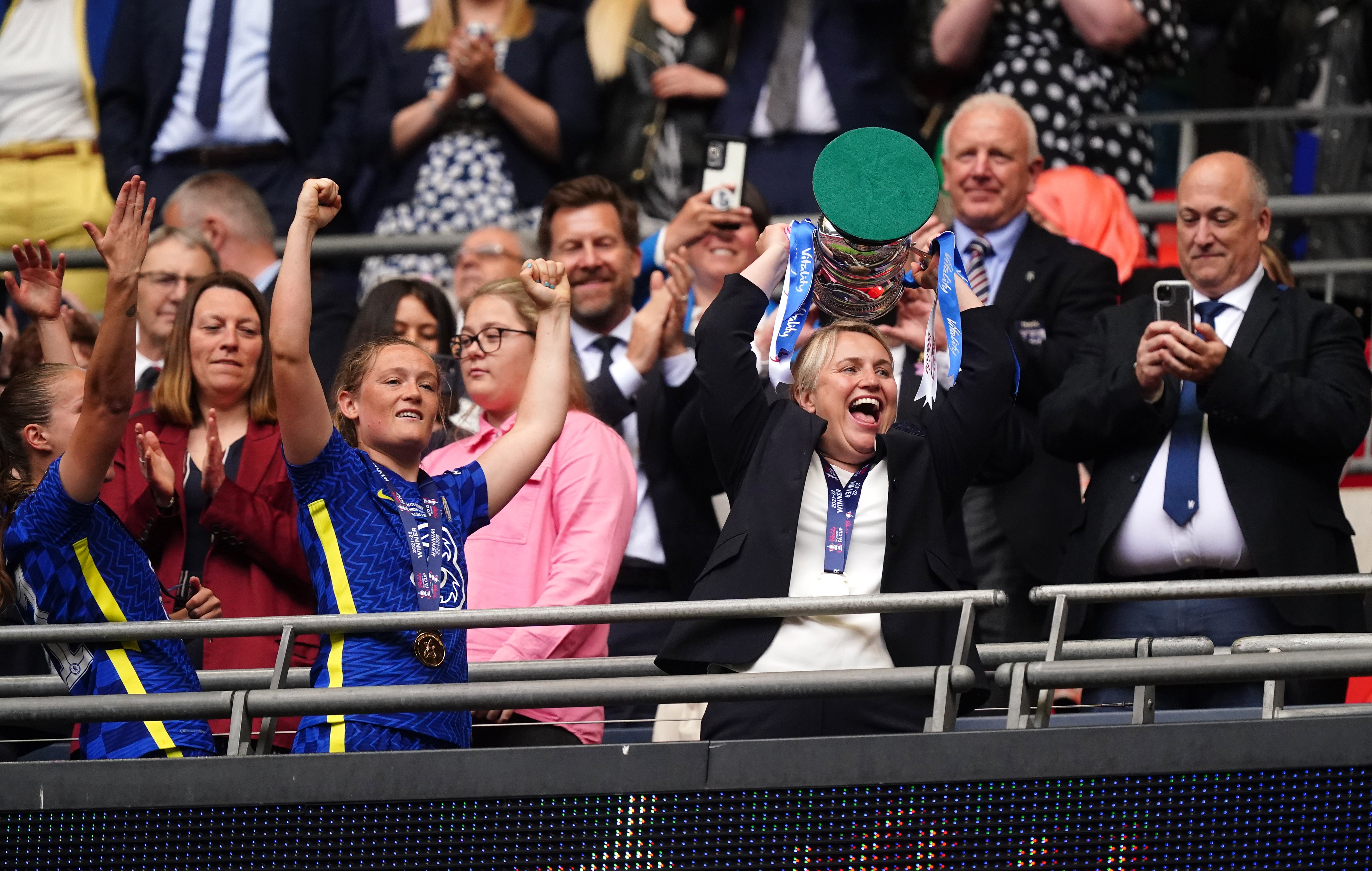 Emma Hayes celebrates winning her 11th major trophy with Chelsea Women (Mike Egerton/PA)