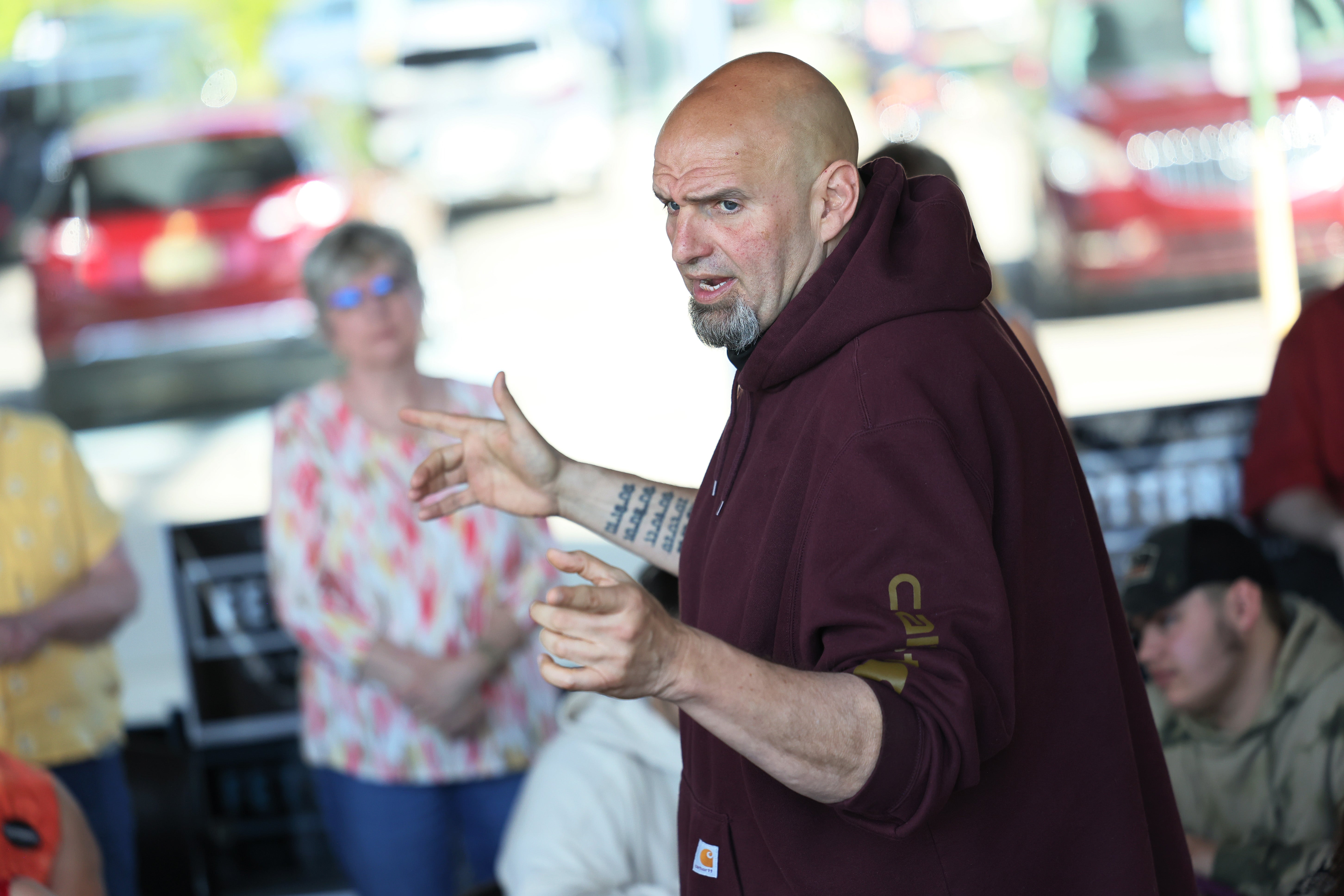 Pennsylvania Lt. Gov. John Fetterman campaigns for U.S. Senate at a meet and greet at Joseph A. Hardy Connellsville Airport on May 10, 2022 in Lemont Furnace, Pennsylvania