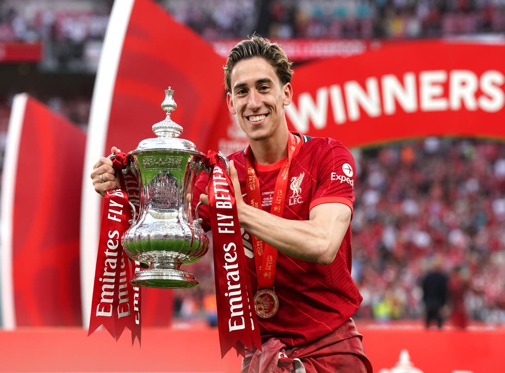 Liverpool’s Kostas Tsimikas poses with the trophy after winning the FA Cup at Wembley (Nick Potts/PA)
