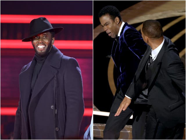 <p>Host P Diddy jokes about the Will Smith Oscar slap in his opening monologue at the BBMAs </p>