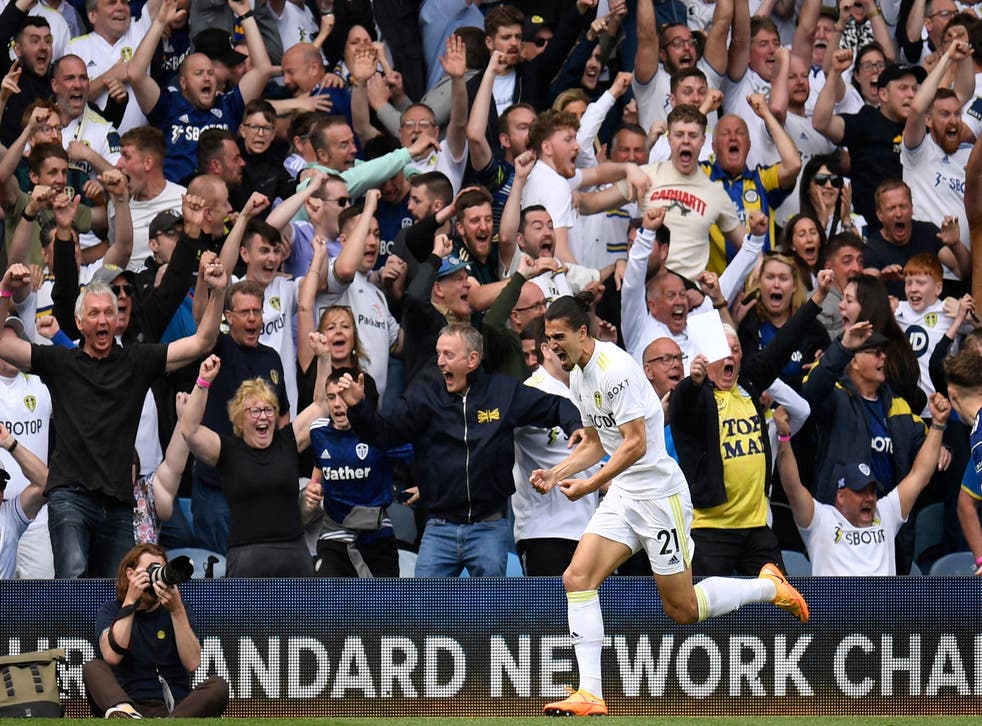 <p>Pascal Struijk celebrates his late equaliser for Leeds</p>