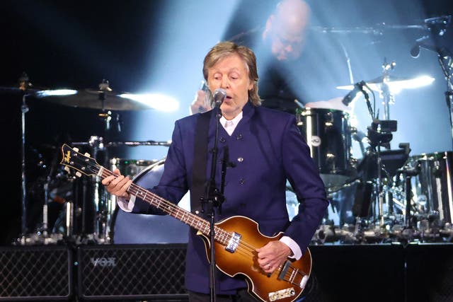 <p>Paul McCartney performs at the SoFi Stadium in Inglewood, California, on 13 May</p>