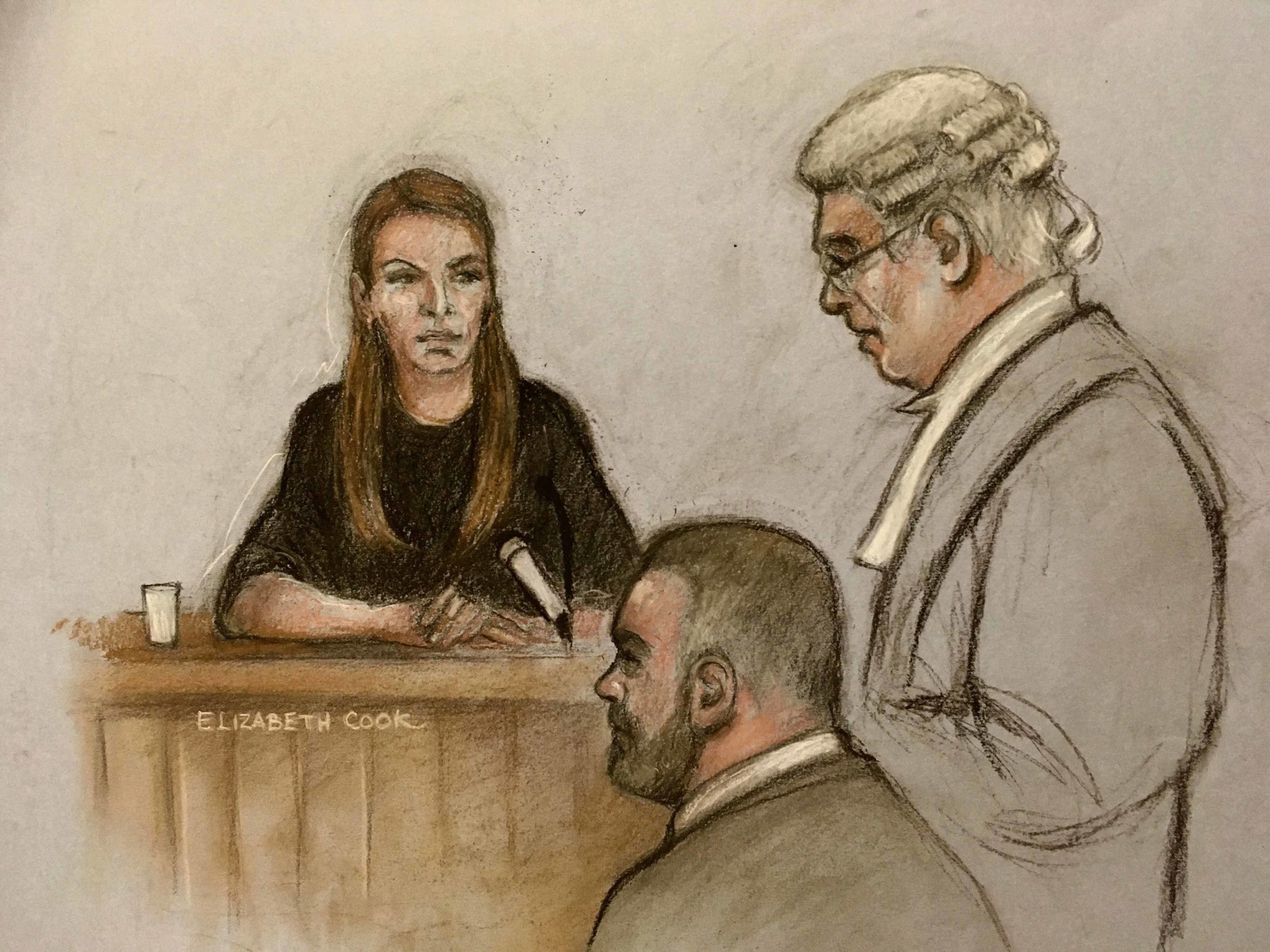 Court artist sketch by Elizabeth Cook of Coleen Rooney, watched by her husband Wayne, with barrister Hugh Tomlinson QC, counsel for Rebekah Vardy at the Royal Courts Of Justice, London, during the high-profile libel battle between herself and Rebekah Vardy. Picture date: Monday May 16, 2022.