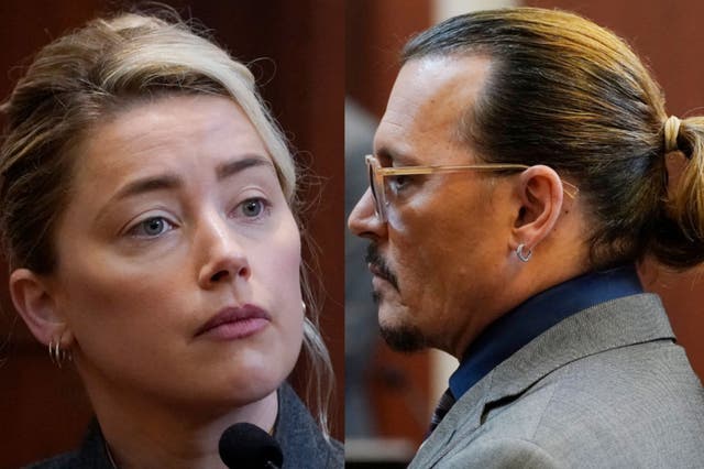 Amber Heard y Johnny Depp en el juzgado del condado de Fairfax en Fairfax, Virginia, el 16 de mayo de 2022
