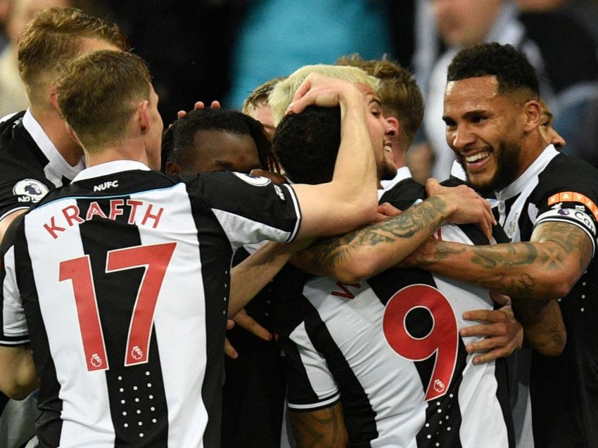 Newcastle celebrate taking the lead against Arsenal