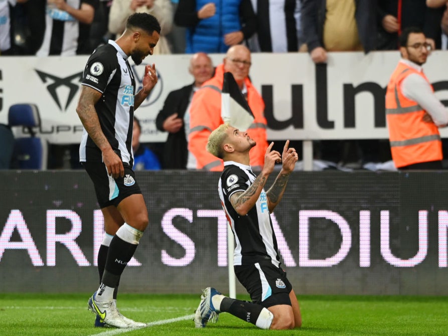 Bruno Guimaraes celebrates scoring Newcastle’s second