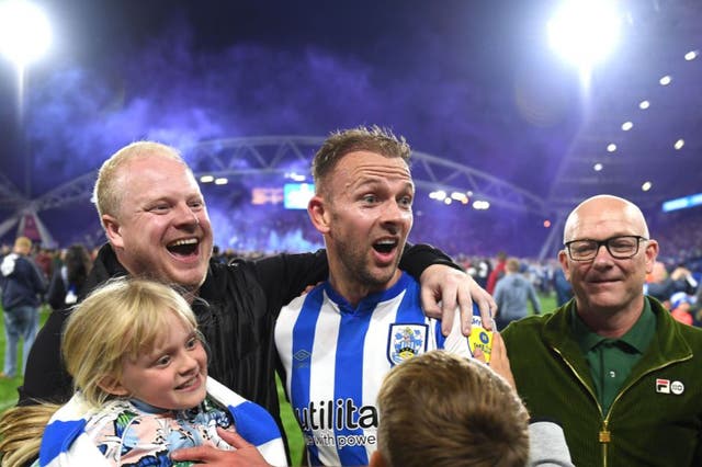 <p>Jordan Rhodes celebrates after Huddersfield win the play-off semi-final</p>
