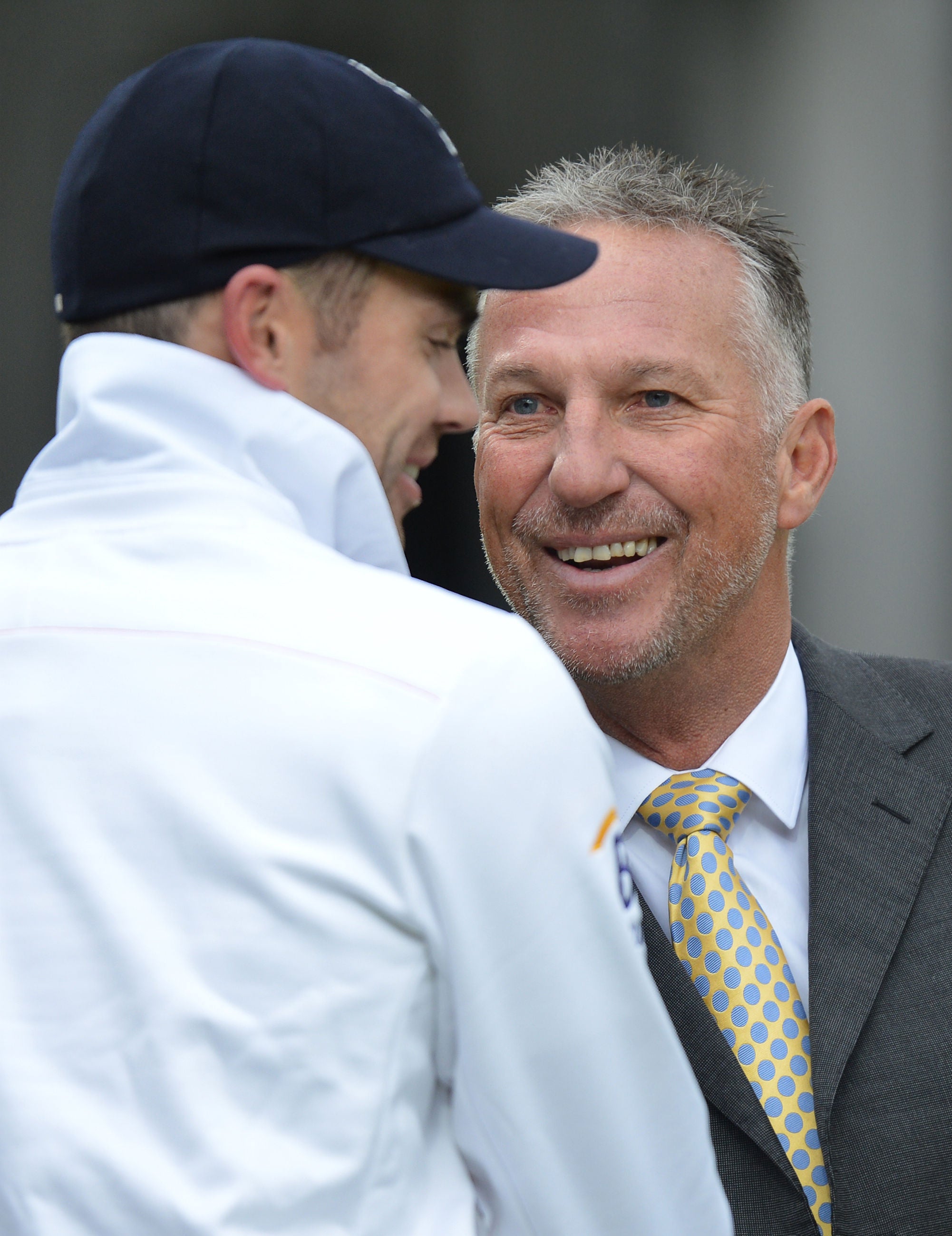 James Anderson (left) is congratulated by Ian Botham after joining him by reaching 300 Test wickets (Anthony Devlin/PA)