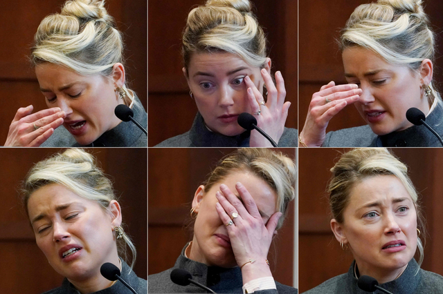 <p>The combination of pictures show Amber Heard as she testifies in the courtroom at the Fairfax County Circuit Courthouse in Virginia</p>