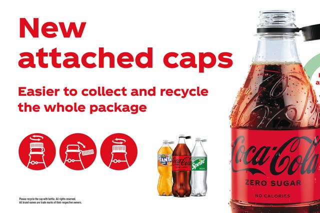 Coca-Cola is moving to attached caps across its entire drinks range in an effort to boost recycling and prevent litter (Coca-Cola/PA)