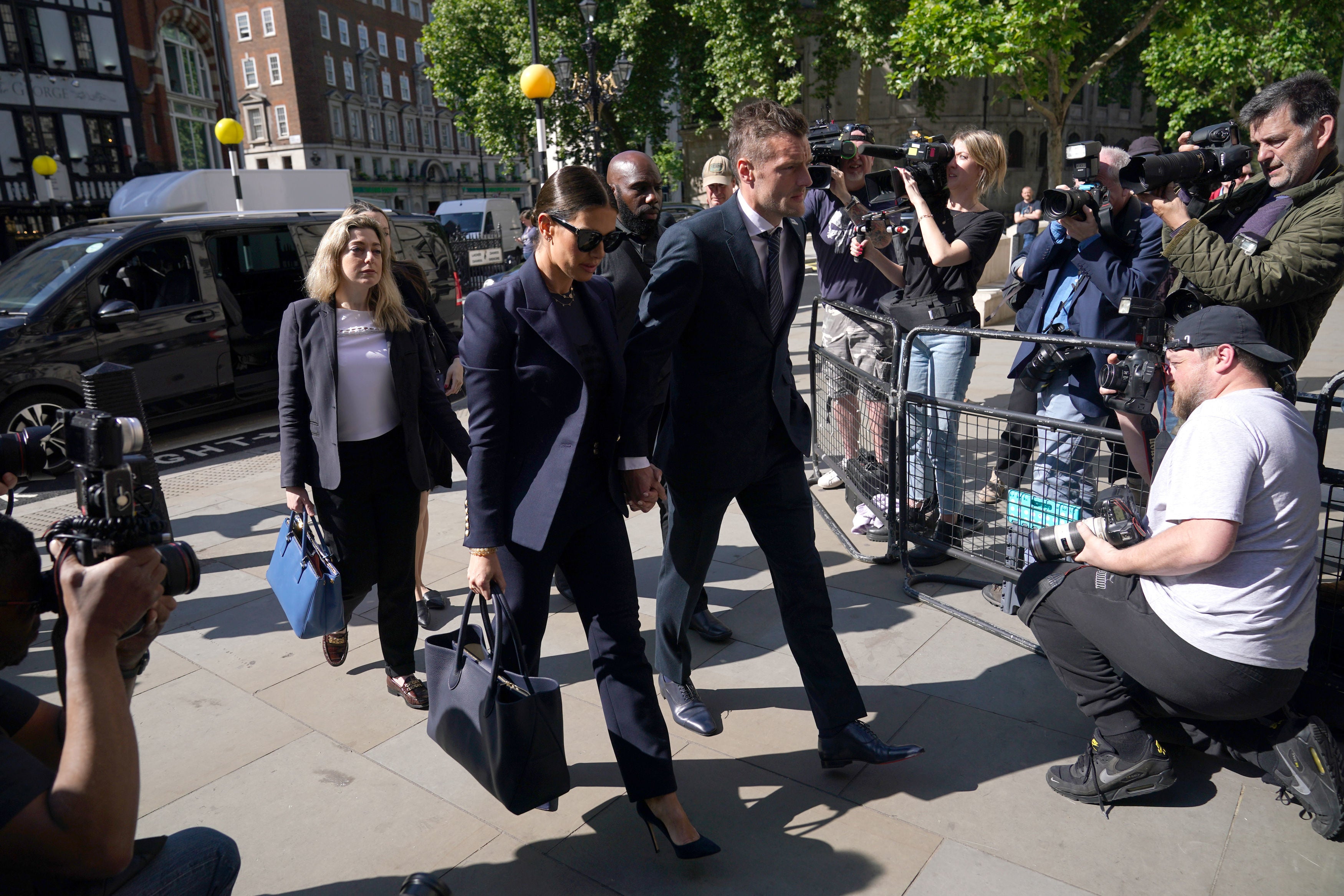 Rebekah and Jamie Vardy arrive at the Royal Courts of Justice in London