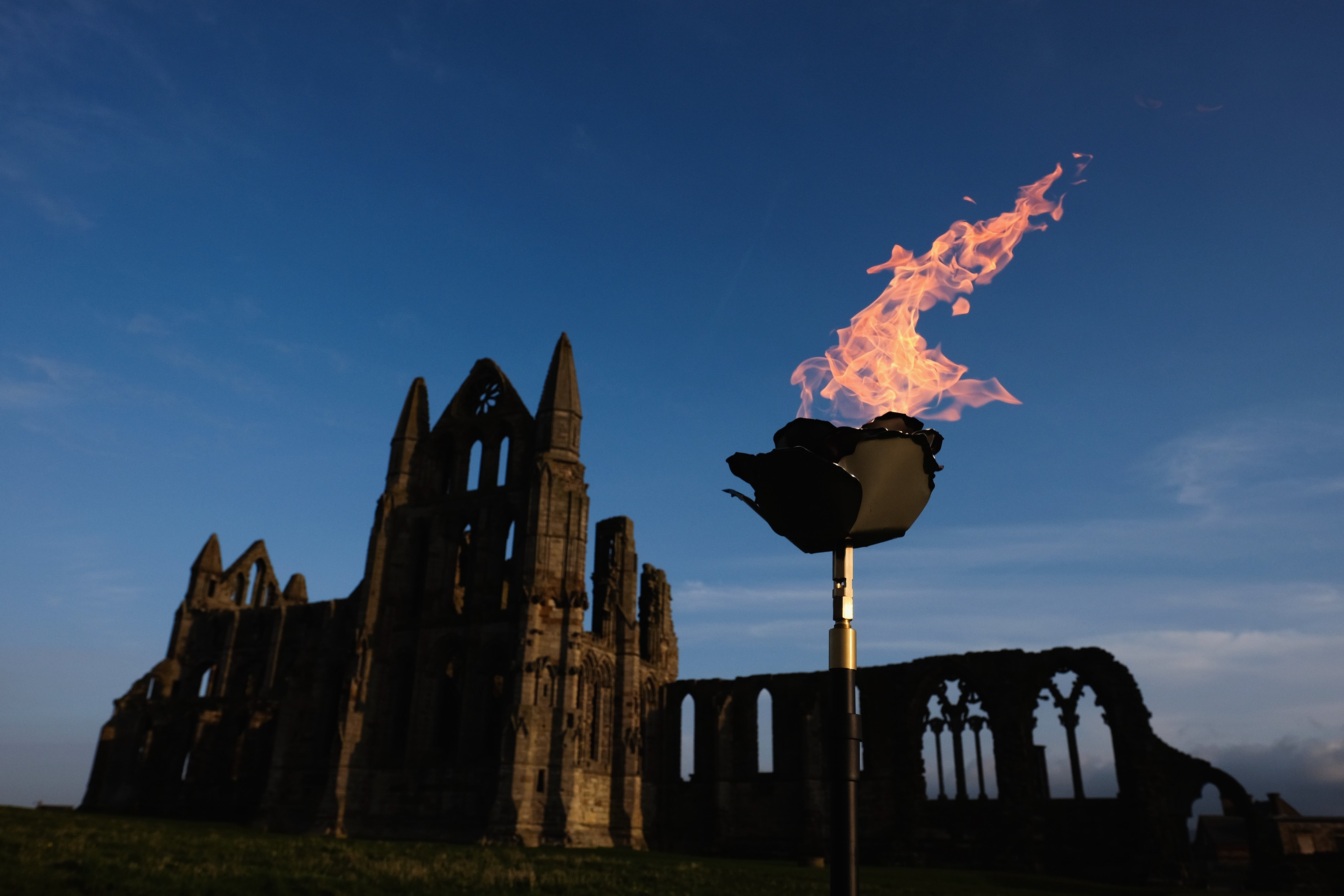 A beacon at Whitby Abbey in North Yorkshire is lit in 2016 to mark the Queen’s 90th birthday