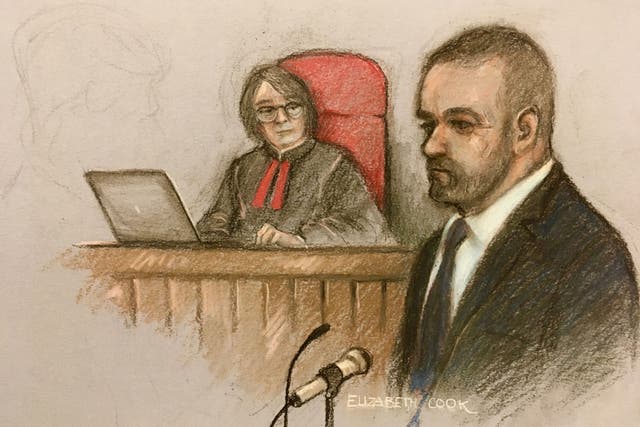 Court artist sketch by Elizabeth Cook of Wayne Rooney giving evidence at the Royal Courts Of Justice, London (PA)