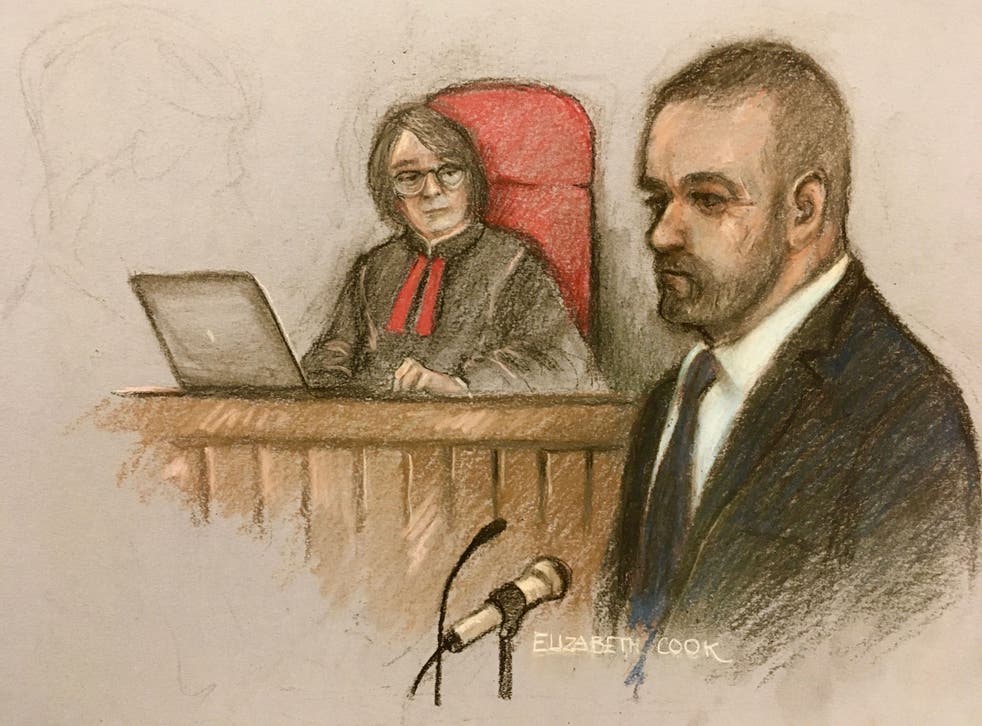 Court artist sketch by Elizabeth Cook of Wayne Rooney giving evidence at the Royal Courts Of Justice, London (PA)