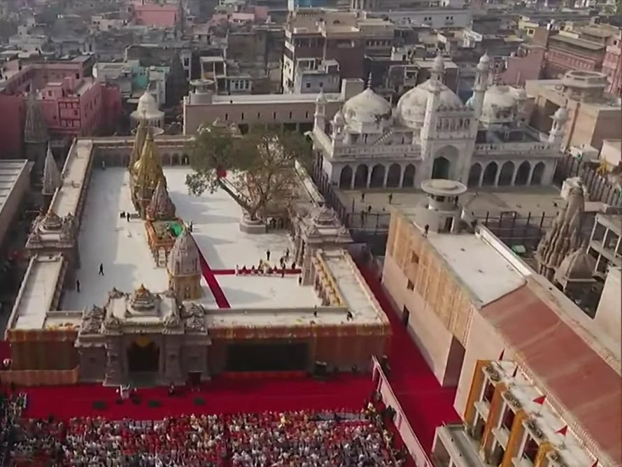 An aerial image shows the centuries-old Gyanvapi mosque standing next to iconic Kashi Vishwanath temple