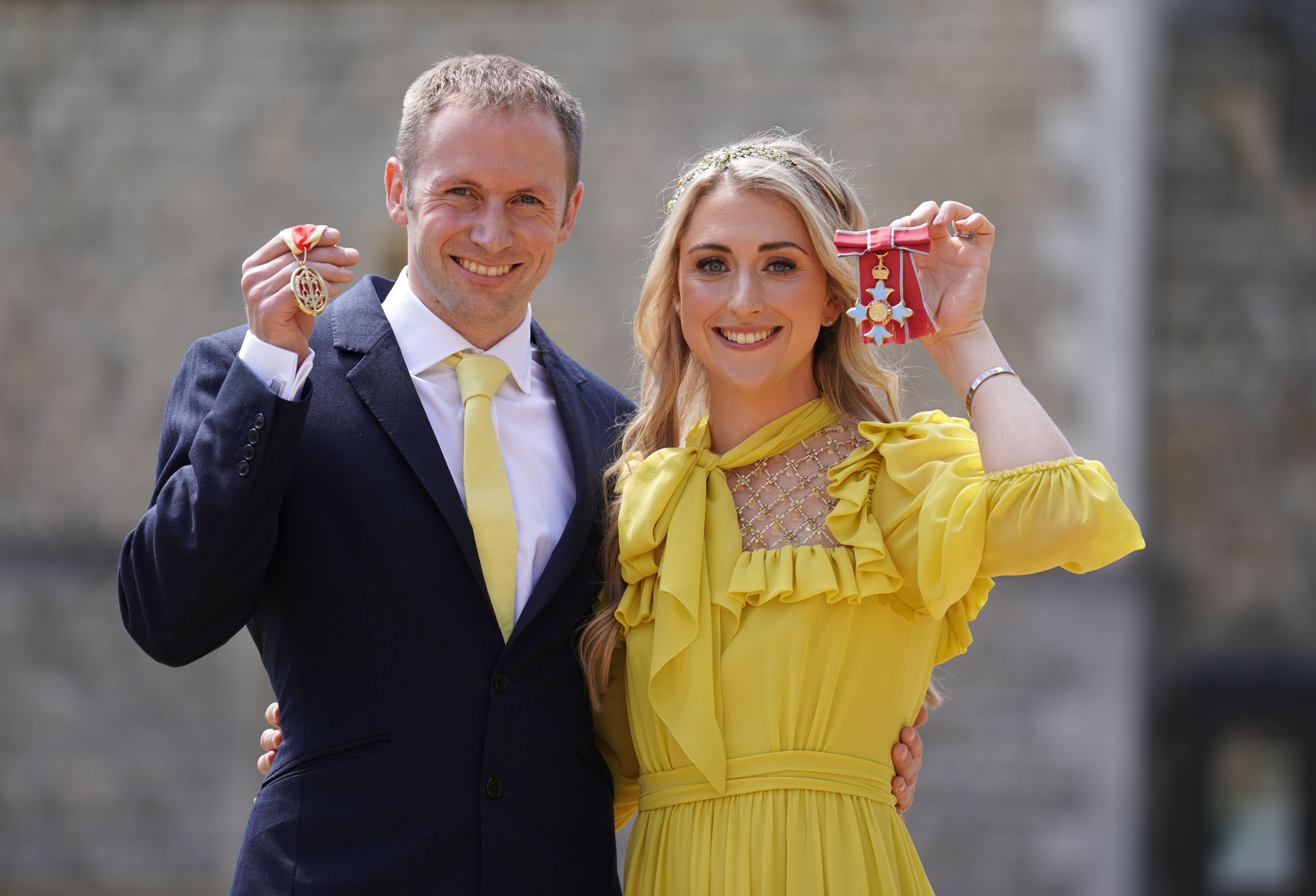 Sir Jason Kenny and Dame Laura Kenny after they received their Knight Bachelor and Dame Commander medals awarded by the Duke of Cambridge during an investiture ceremony at Windsor Castle (Kirsty O’Connor/PA)