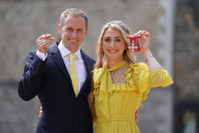 Sir Jason Kenny and Dame Laura Kenny after they received their Knight Bachelor and Dame Commander medals awarded by the Duke of Cambridge during an investiture ceremony at Windsor Castle (Kirsty O’Connor/PA)