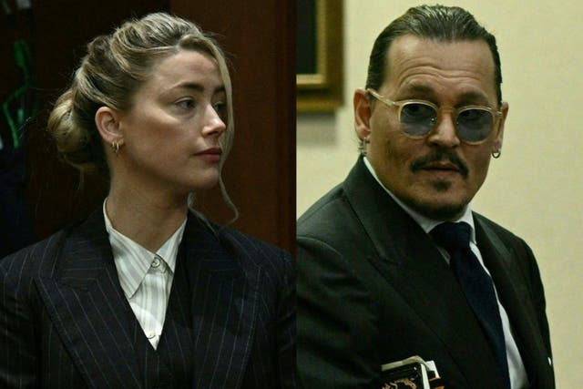 Amber Heard y Johnny Depp en el juzgado del condado de Fairfax en Fairfax, Virginia, el 17 de mayo de 2022