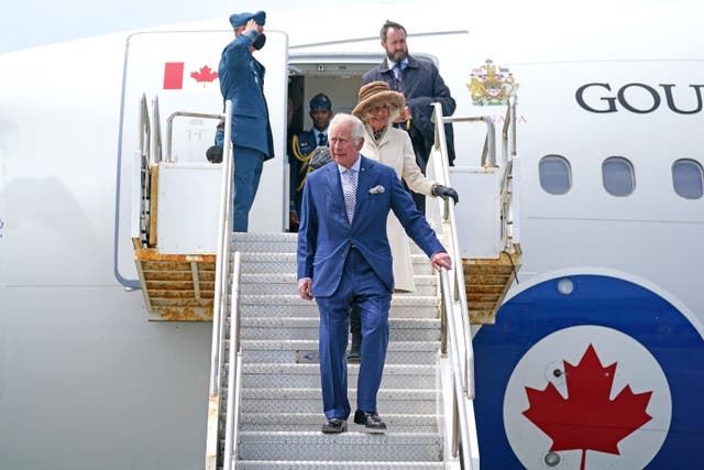 <p>The Prince of Wales and Duchess of Cornwall arrive in St John’s, Newfoundland and Labrador, for their three-day trip to Canada to mark the Queen’s Platinum Jubilee (Jacob King/PA)</p>