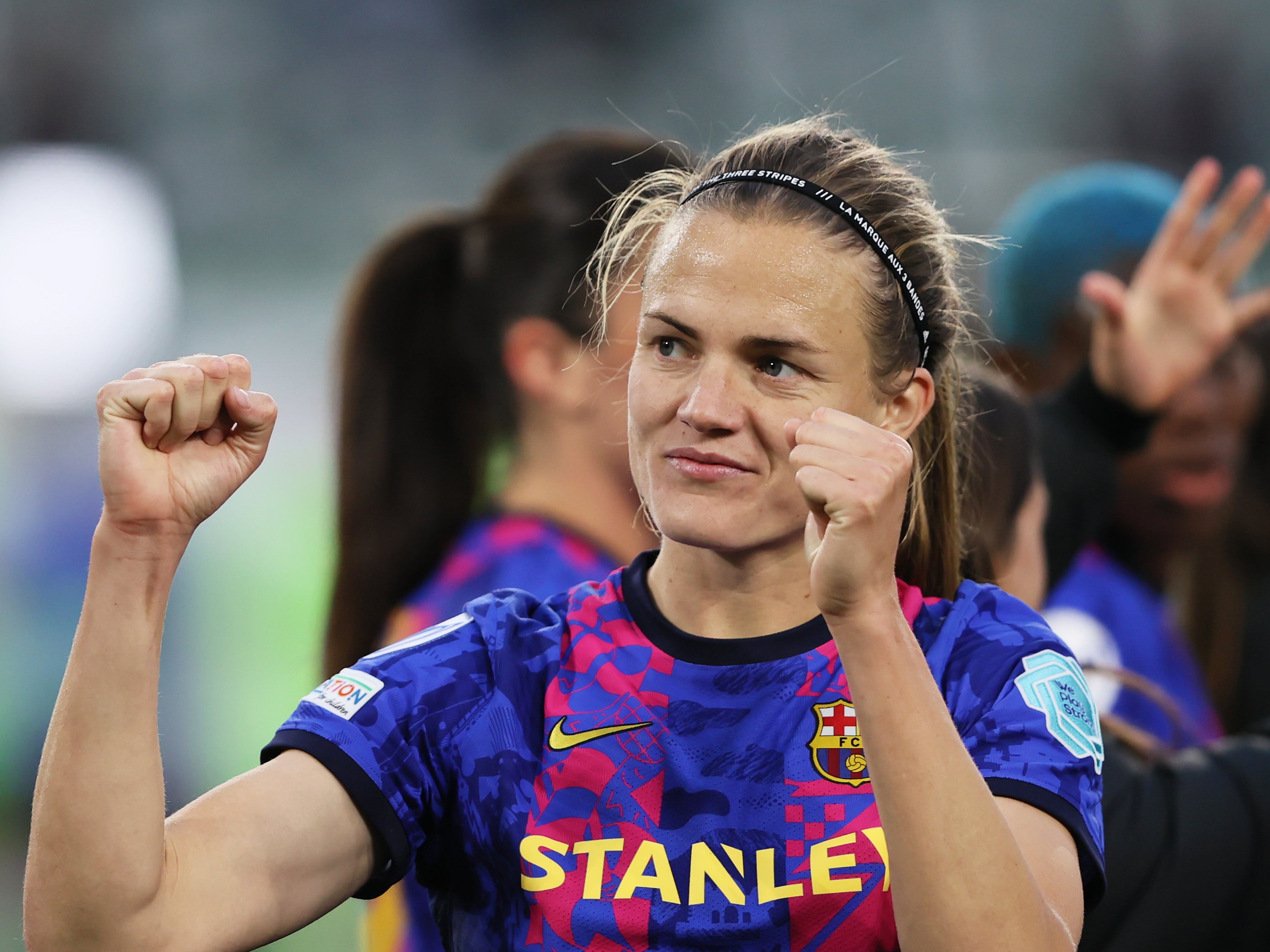 Barcelona’s Irene Paredes celebrates her side’s semi-final win against Wolfsburg